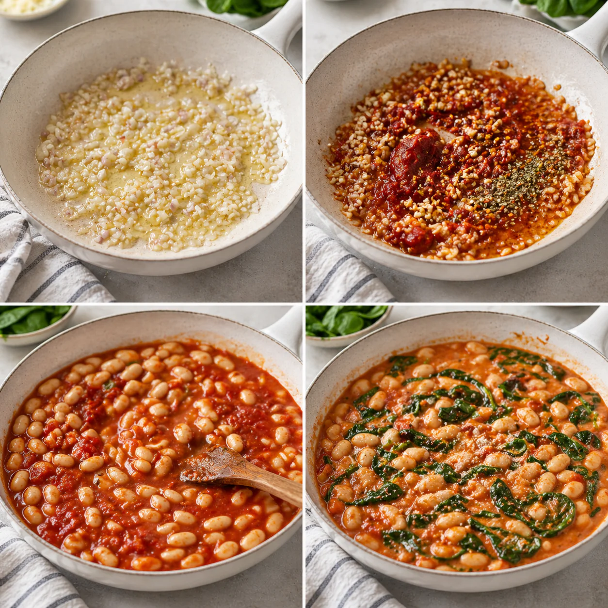 Step-by-step process for making creamy white bean and spinach skillet