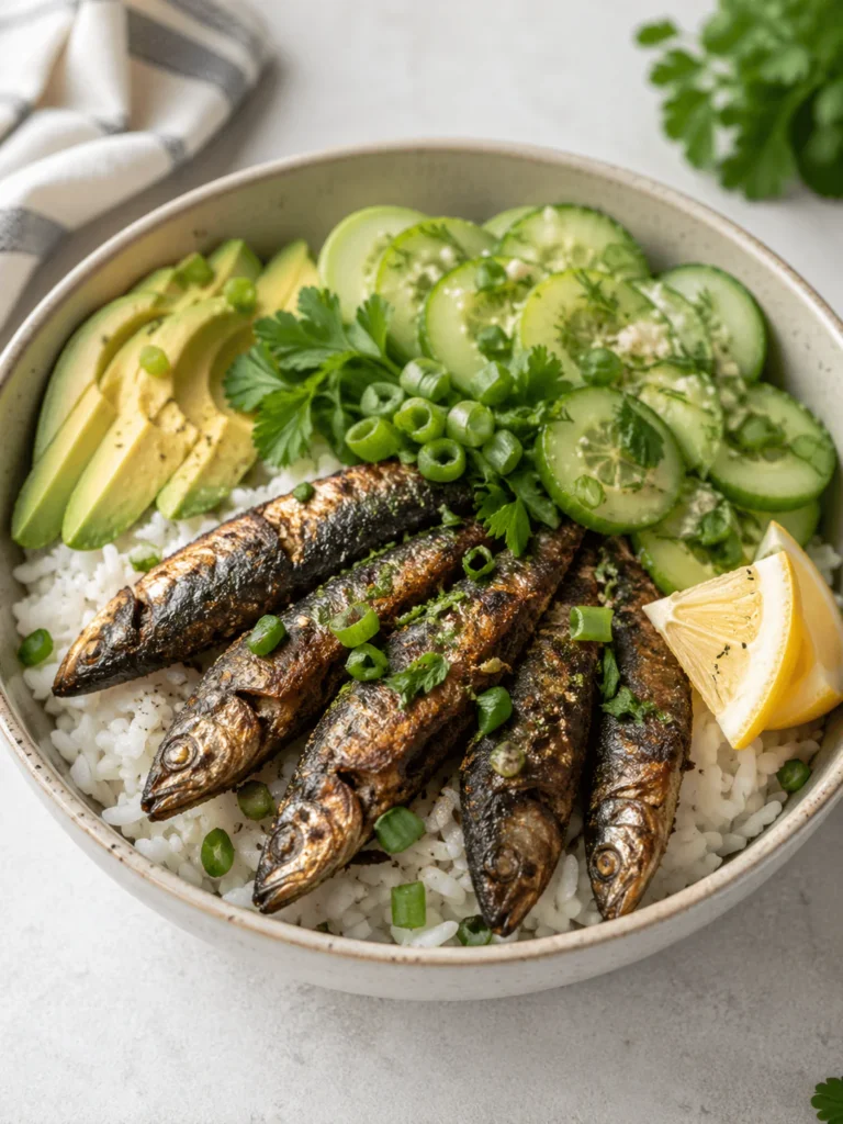 Crispy sardine rice bowl with lemon cucumber, herbs, green onion, and avocado.