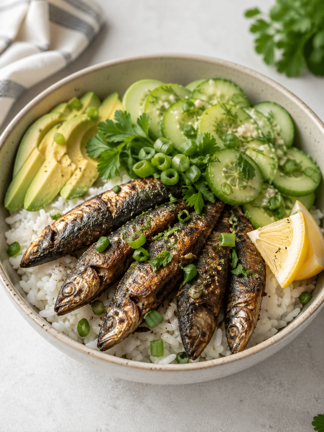 Crispy sardine rice bowl with lemon cucumber