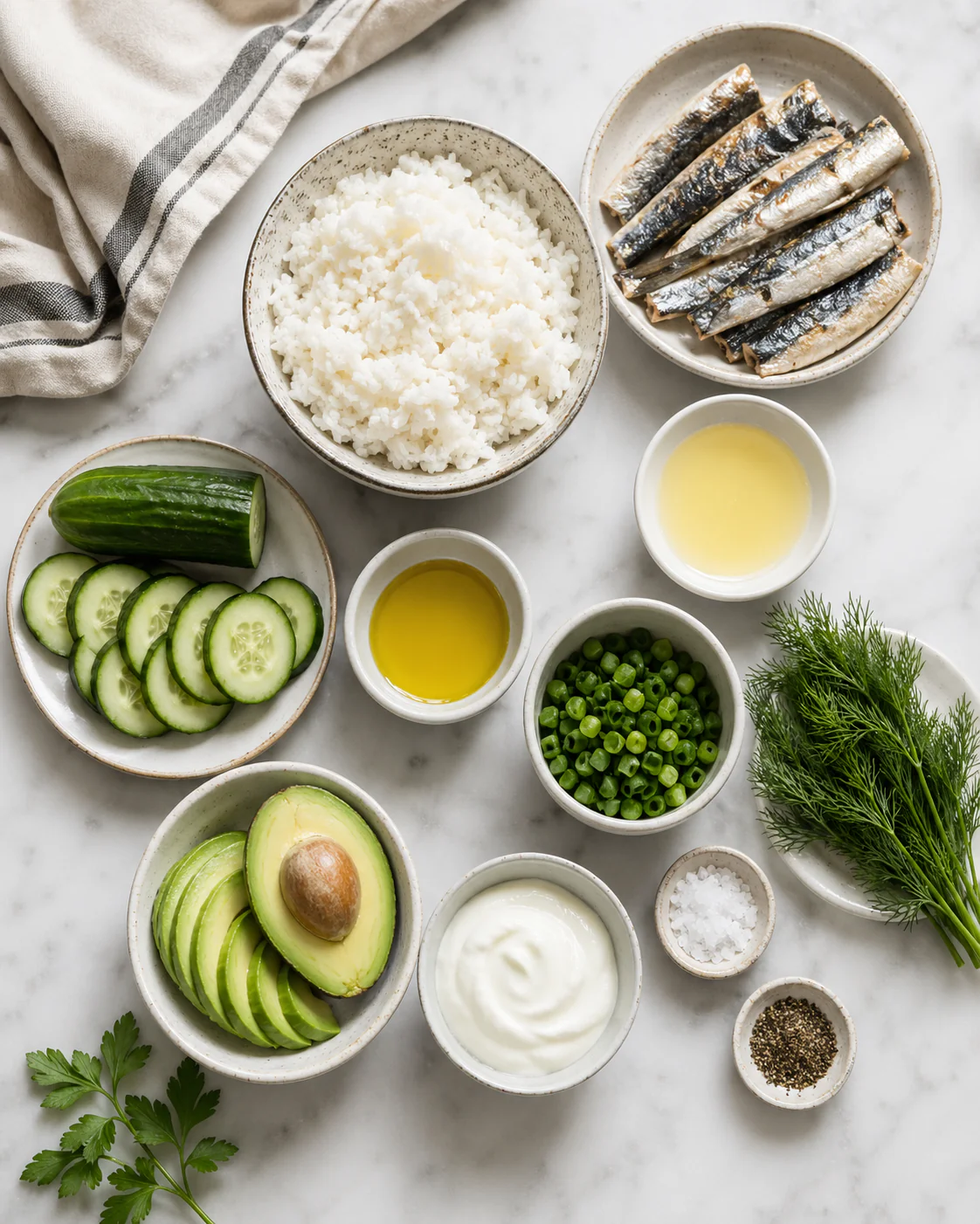 Ingredients for crispy sardine rice bowl with lemon cucumber