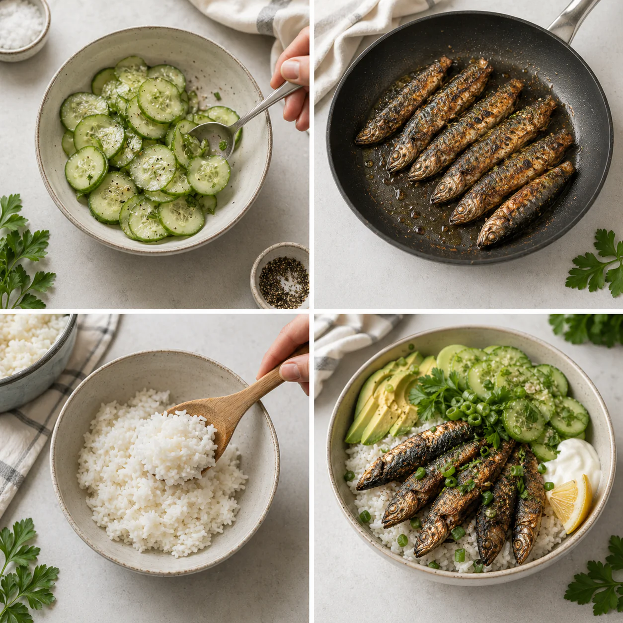 Step by step preparation of crispy sardine rice bowl