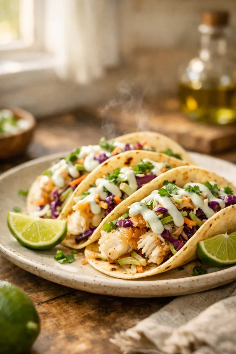 Baked fish tacos with cabbage slaw and lime yogurt sauce