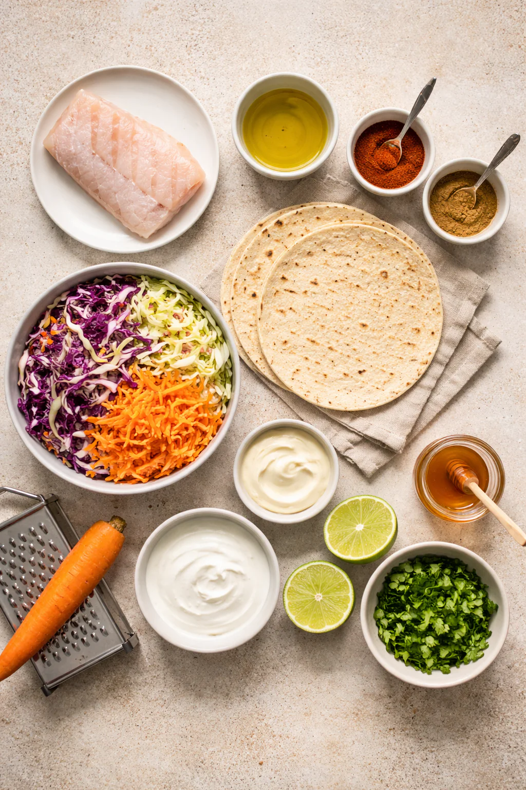 Ingredients laid out for fish tacos including fish fillet, tortillas, cabbage, and yogurt