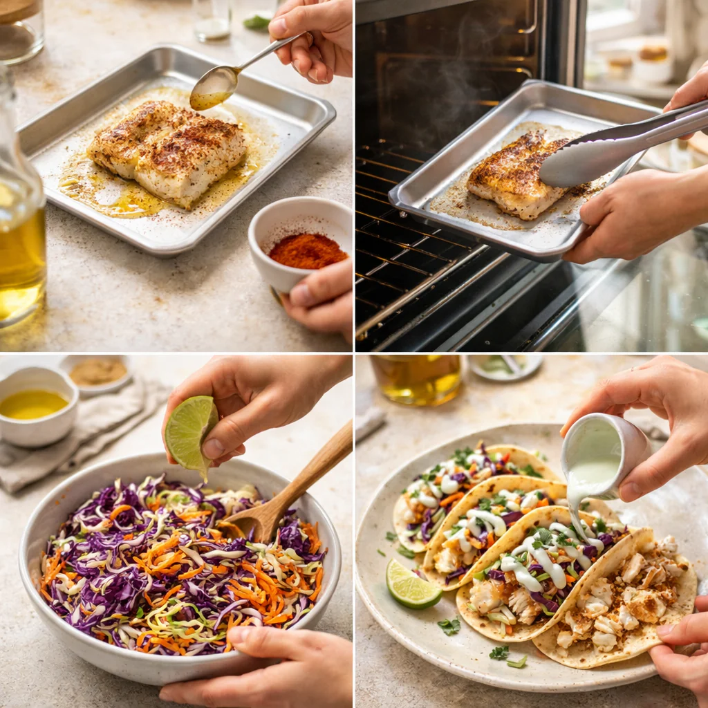 Step by step preparation of baked fish tacos including baking the fish and assembling the tacos