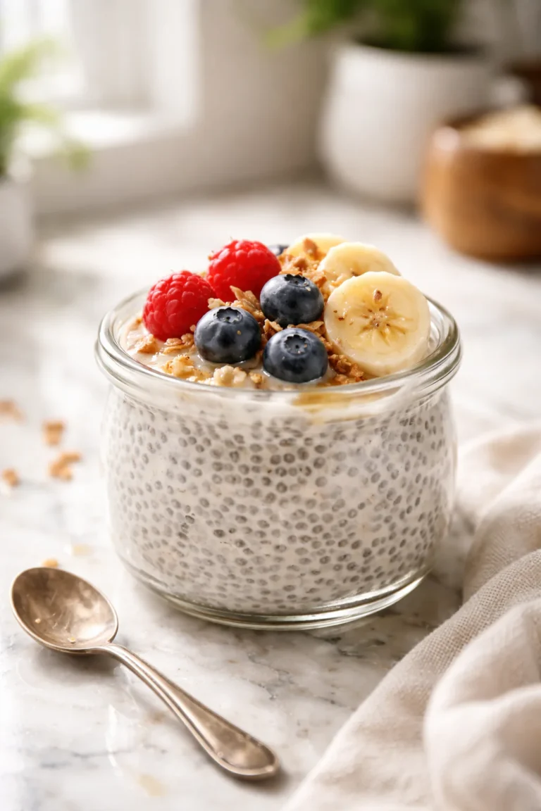 chia seed pudding with berries in glass jar