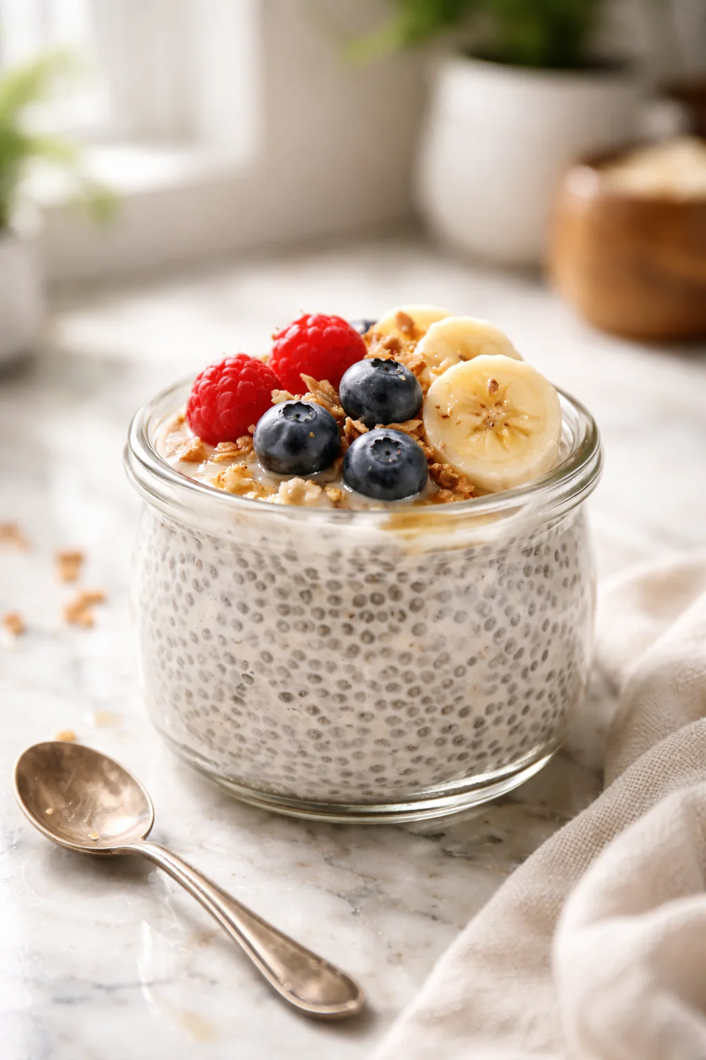 Jar of chia seed pudding with berries