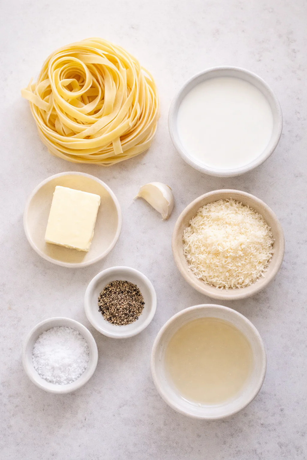 Measured ingredients for fettuccine alfredo on a countertop