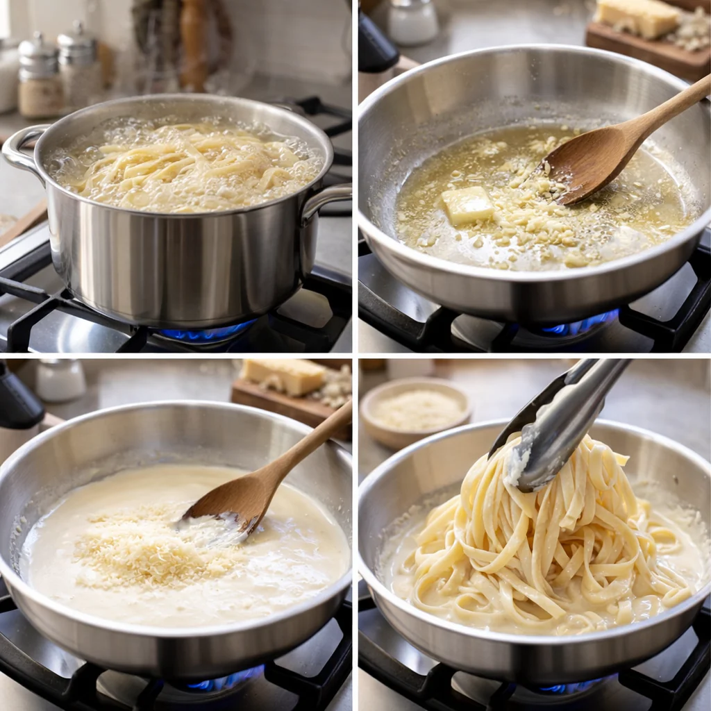 Fettuccine being tossed in creamy Alfredo sauce in a skillet