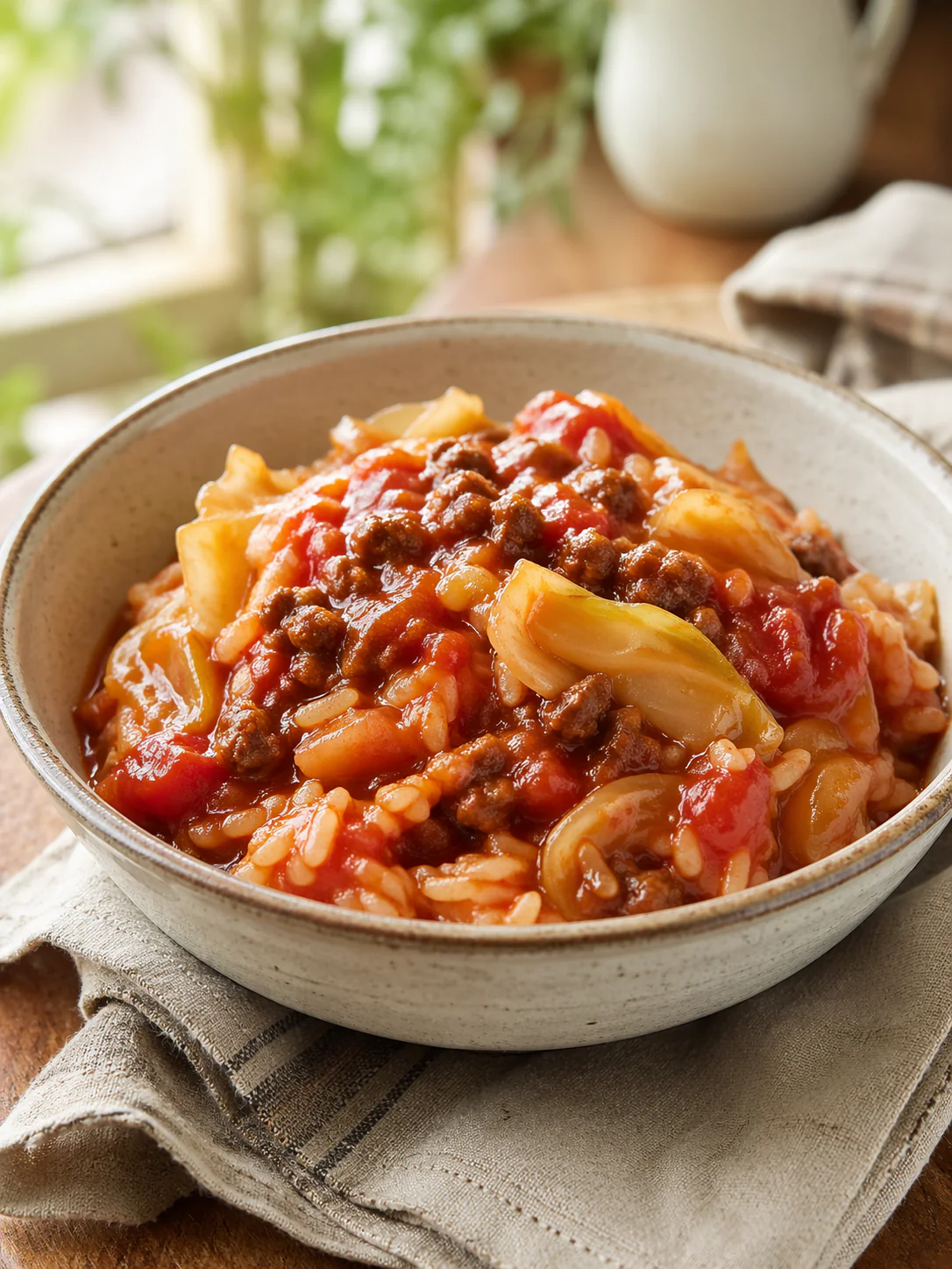 Bowl of ground beef cabbage roll with rice and tomato sauce