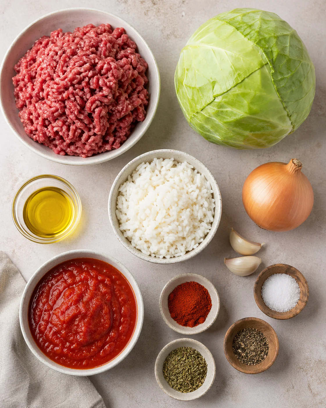 Ingredients laid out for cabbage roll bowl including cabbage, ground beef, rice, and tomato sauce