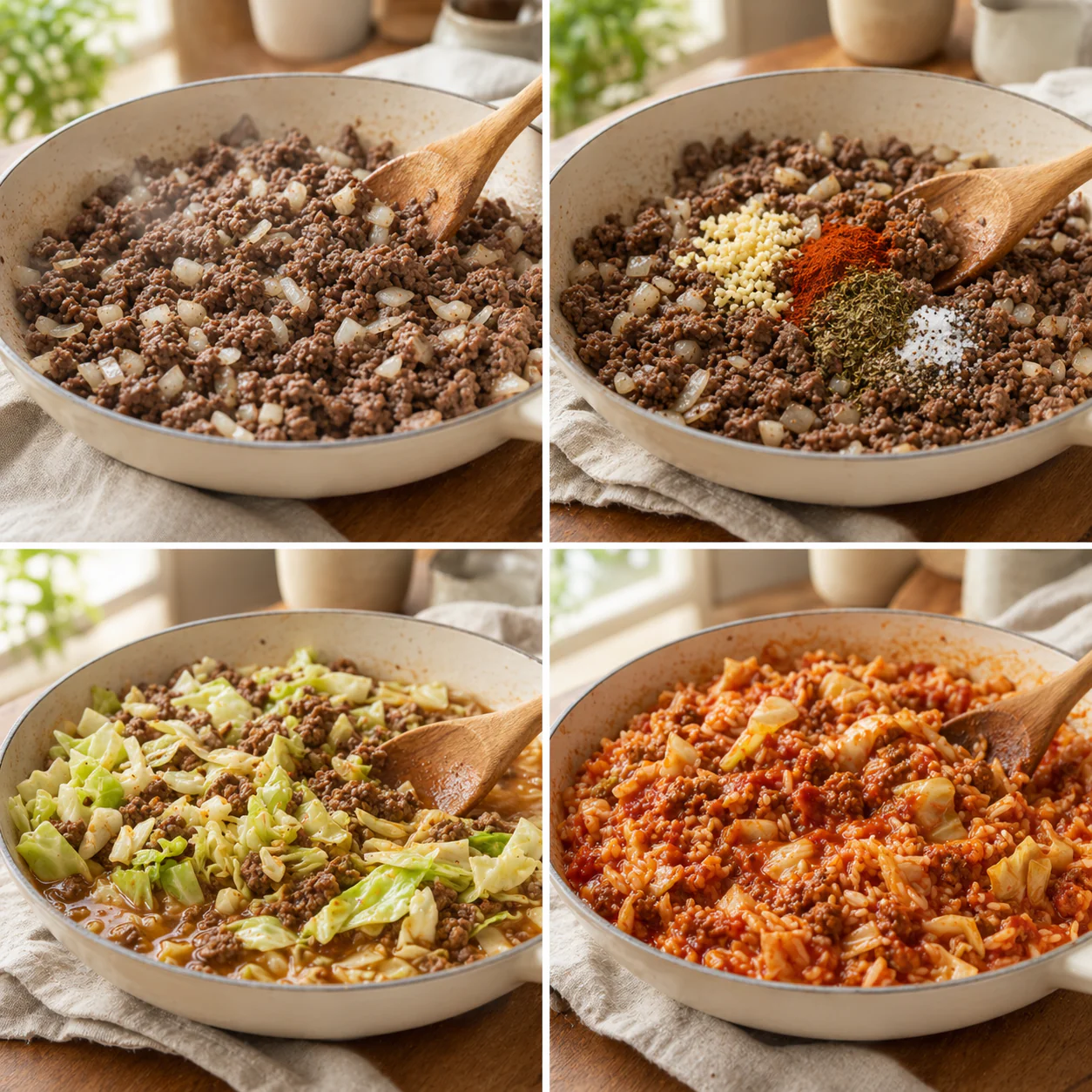 Cooking steps shown in a skillet with cabbage and ground beef