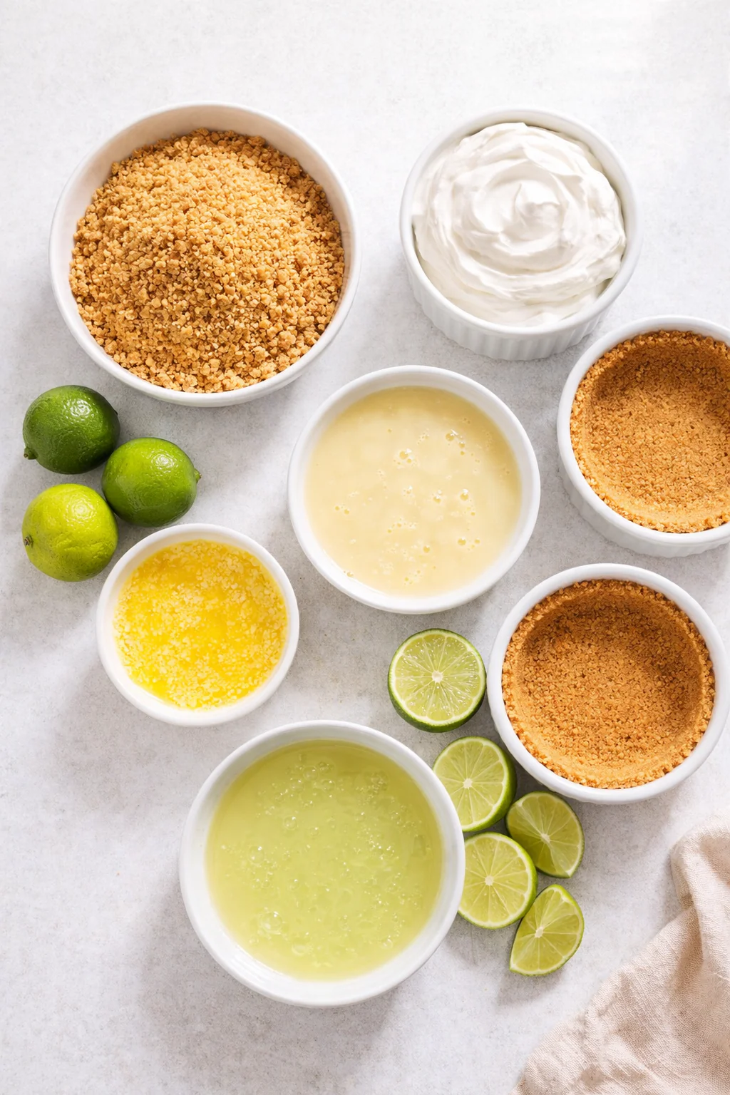 Ingredients for key lime pie laid out on a surface
