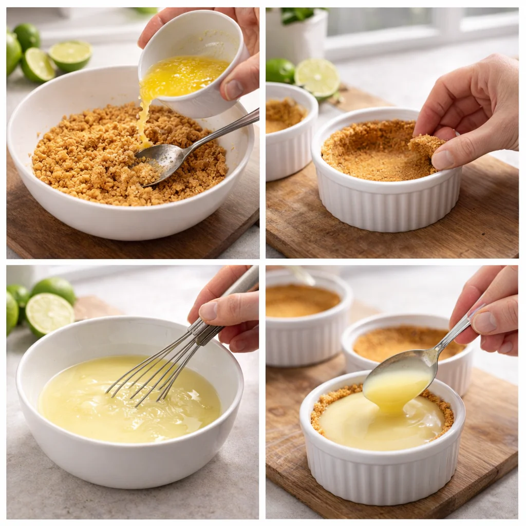 Hands pressing crust into a small pie dish