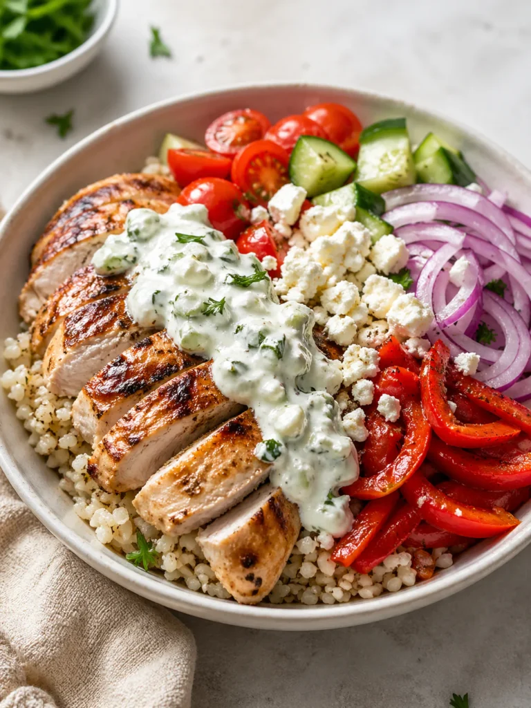Easy Mediterranean chicken bowl with rice, cucumber, tomatoes, feta, and tzatziki.