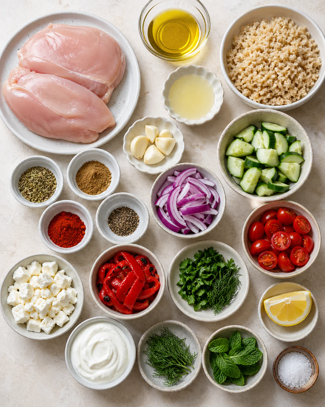 Ingredients for Mediterranean chicken bowl