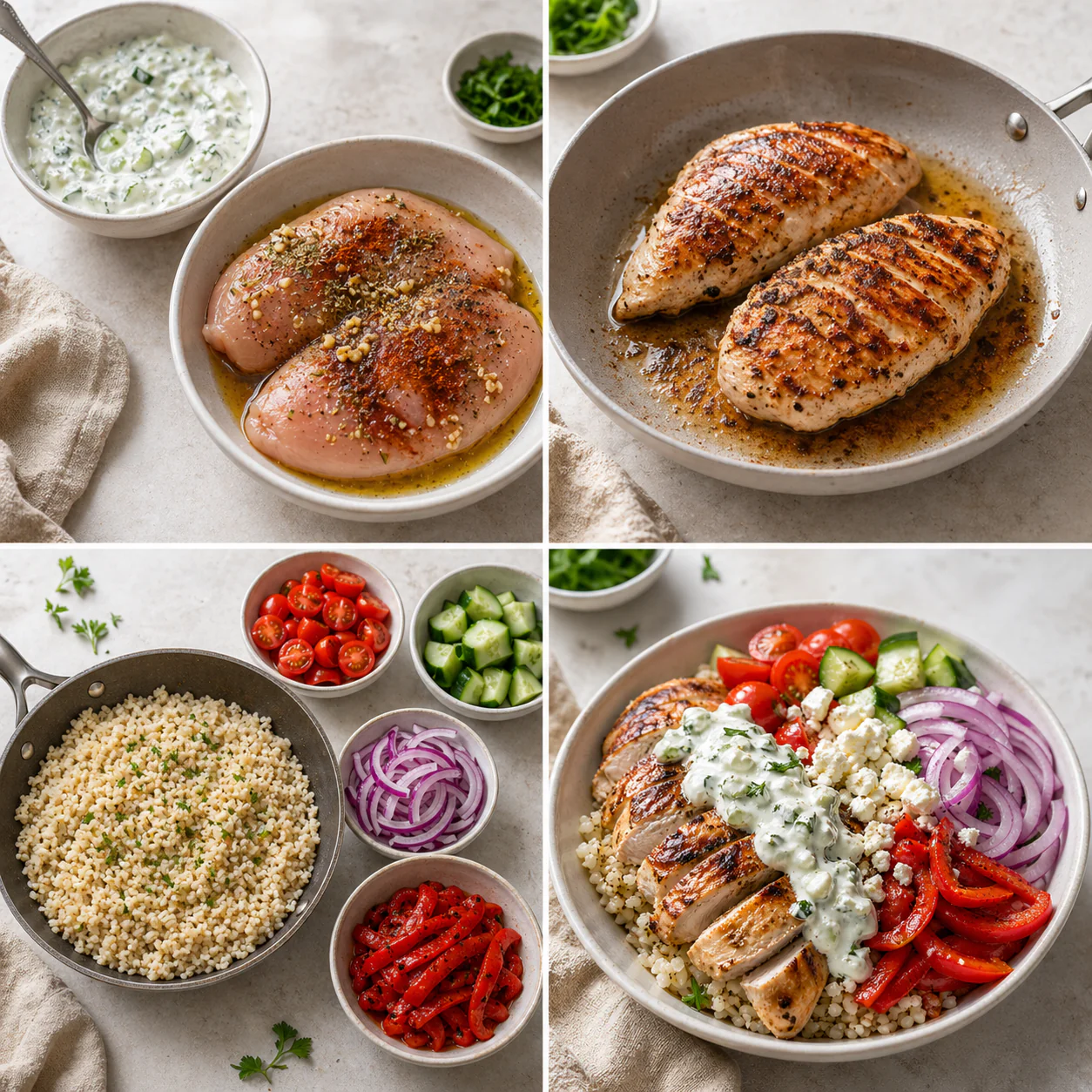 Step by step Mediterranean chicken bowl