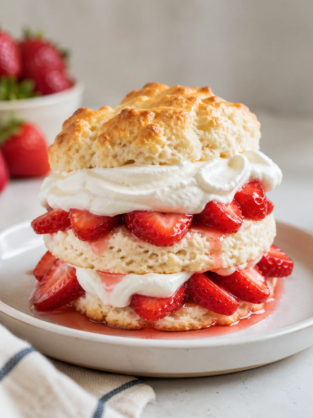 Easy strawberry shortcake on a plate with berries and cream