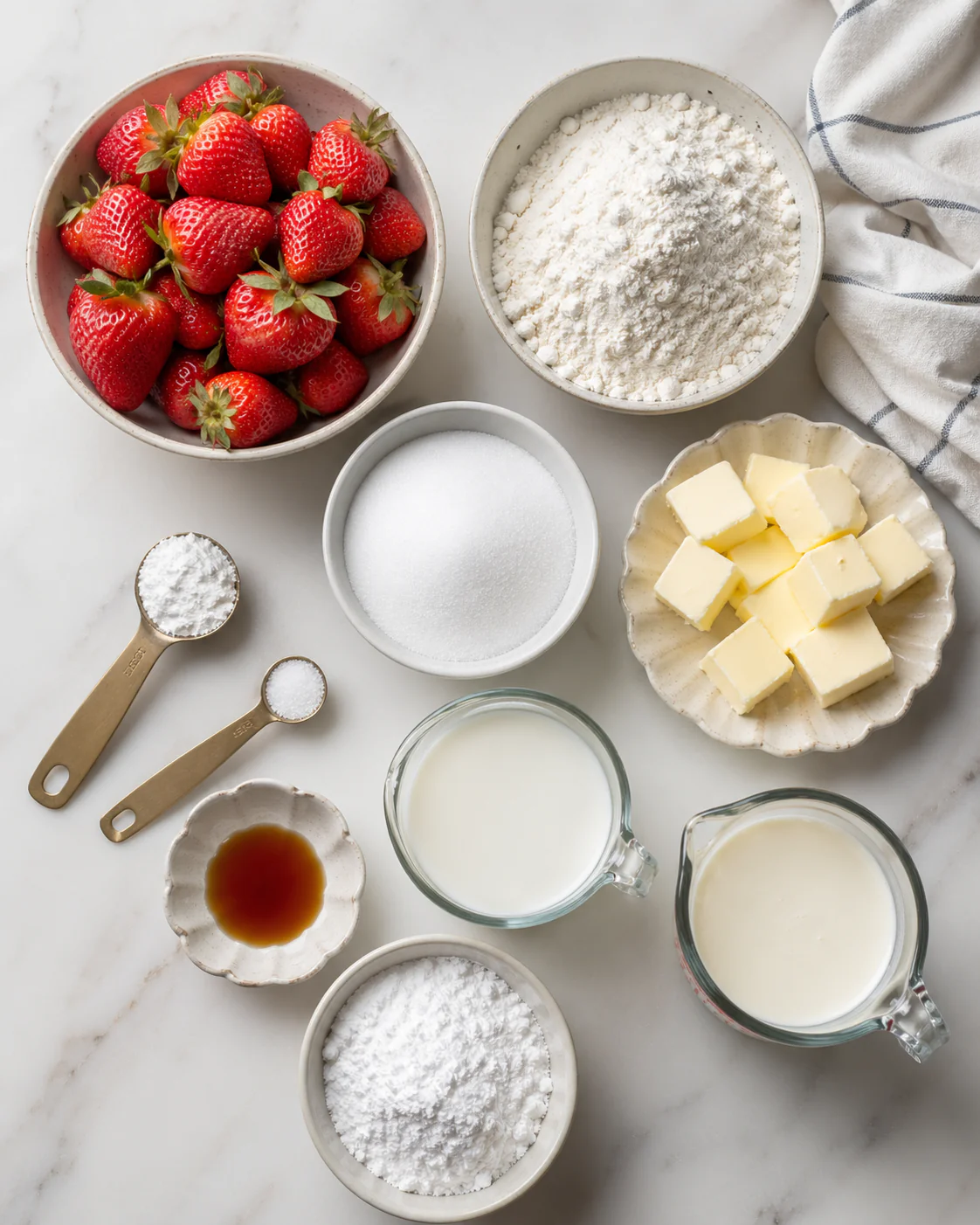 Ingredients for strawberry shortcake on a counter