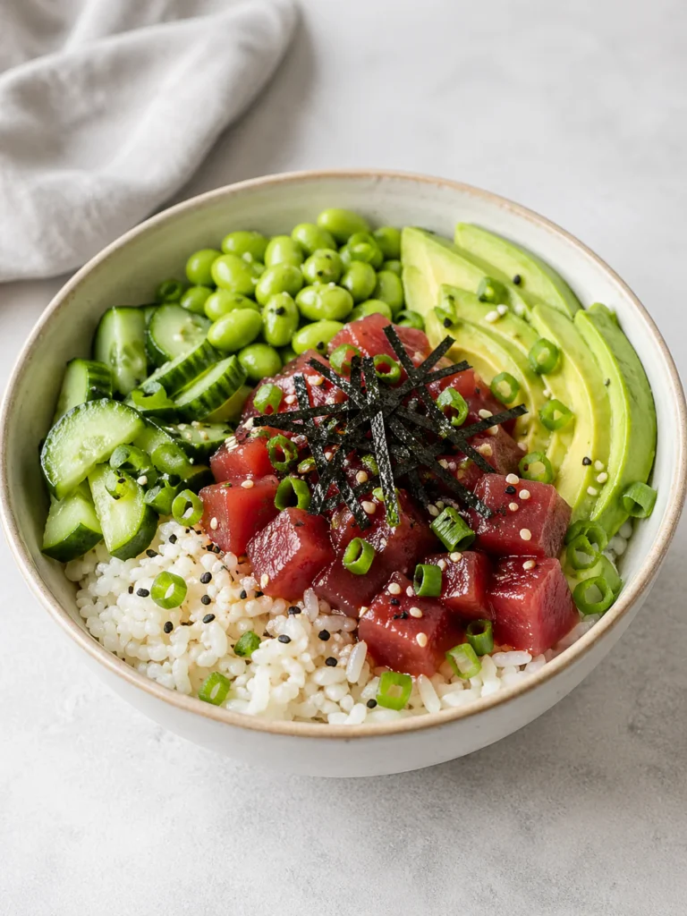 Easy tuna poke bowl with rice, tuna, avocado, cucumber, edamame, nori, and sesame seeds.