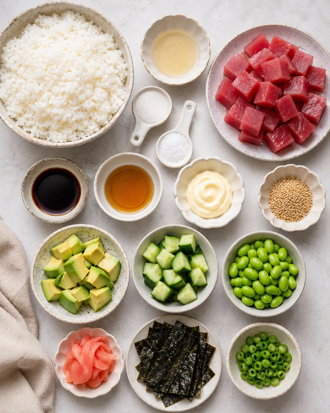 Ingredients for an easy tuna poke bowl including tuna, rice, avocado, cucumber, and edamame
