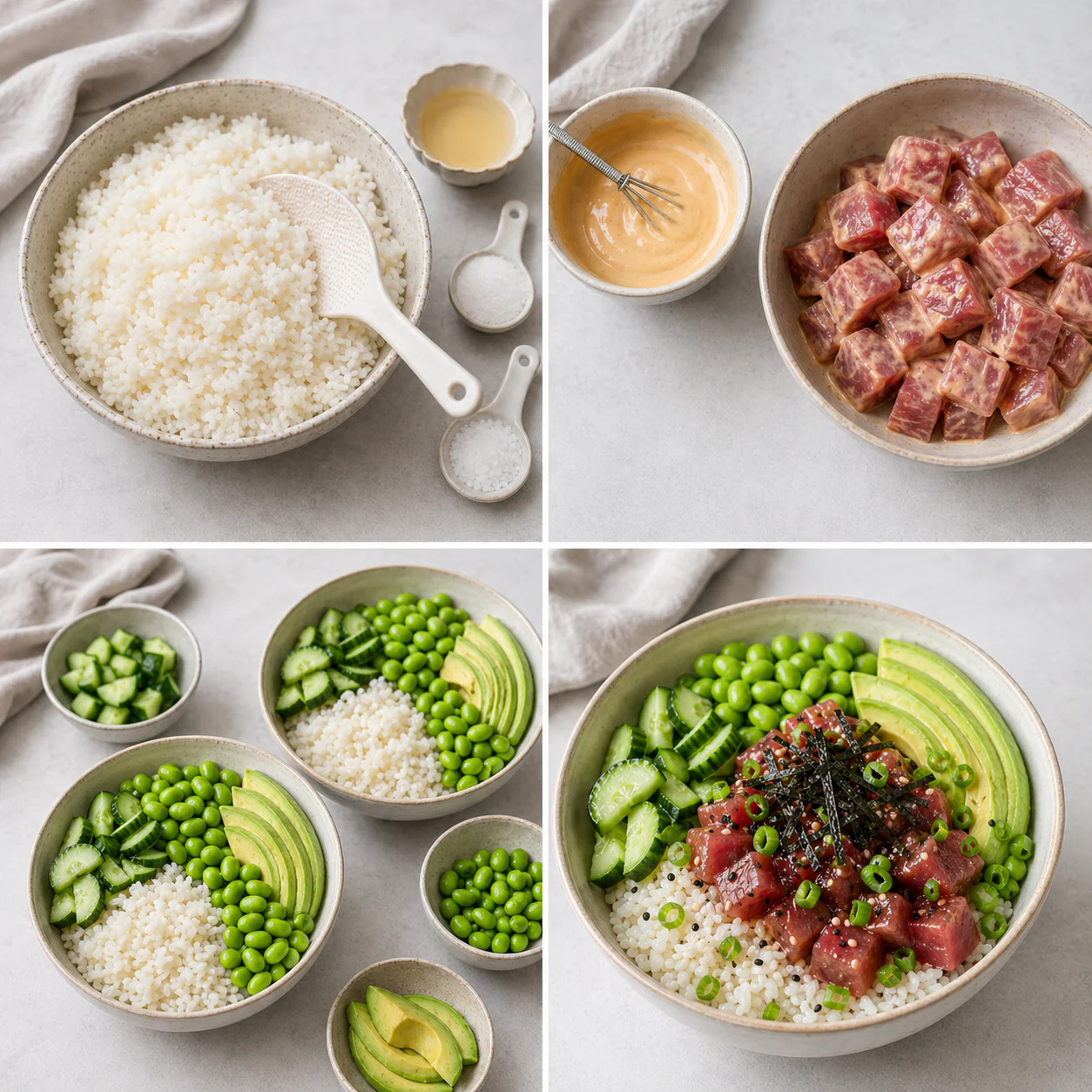Step-by-step preparation of a tuna poke bowl with rice and toppings