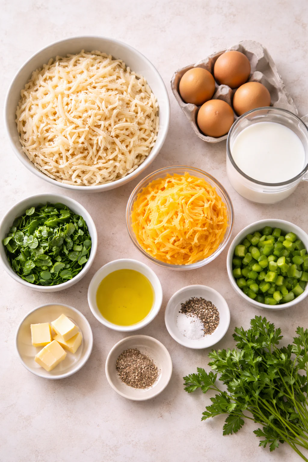 Ingredients for egg bake with hash browns laid out