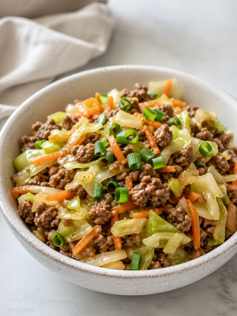 Egg roll in a bowl with ground beef, cabbage, carrots, and green onions.