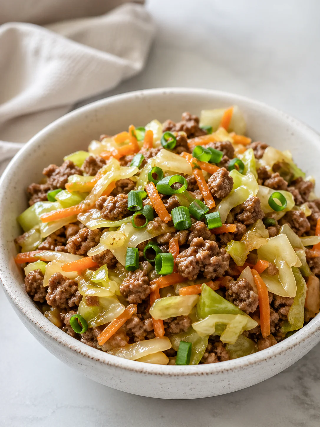 Egg roll in a bowl with ground beef served as a cozy one-pan dinner