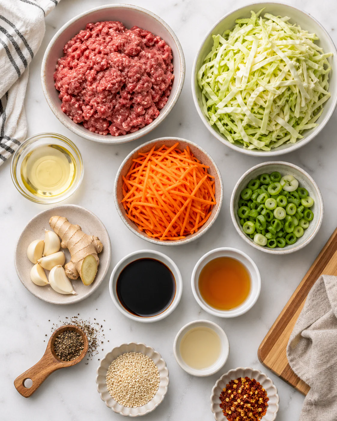 Ingredients for egg roll in a bowl with ground beef laid out on a counter
