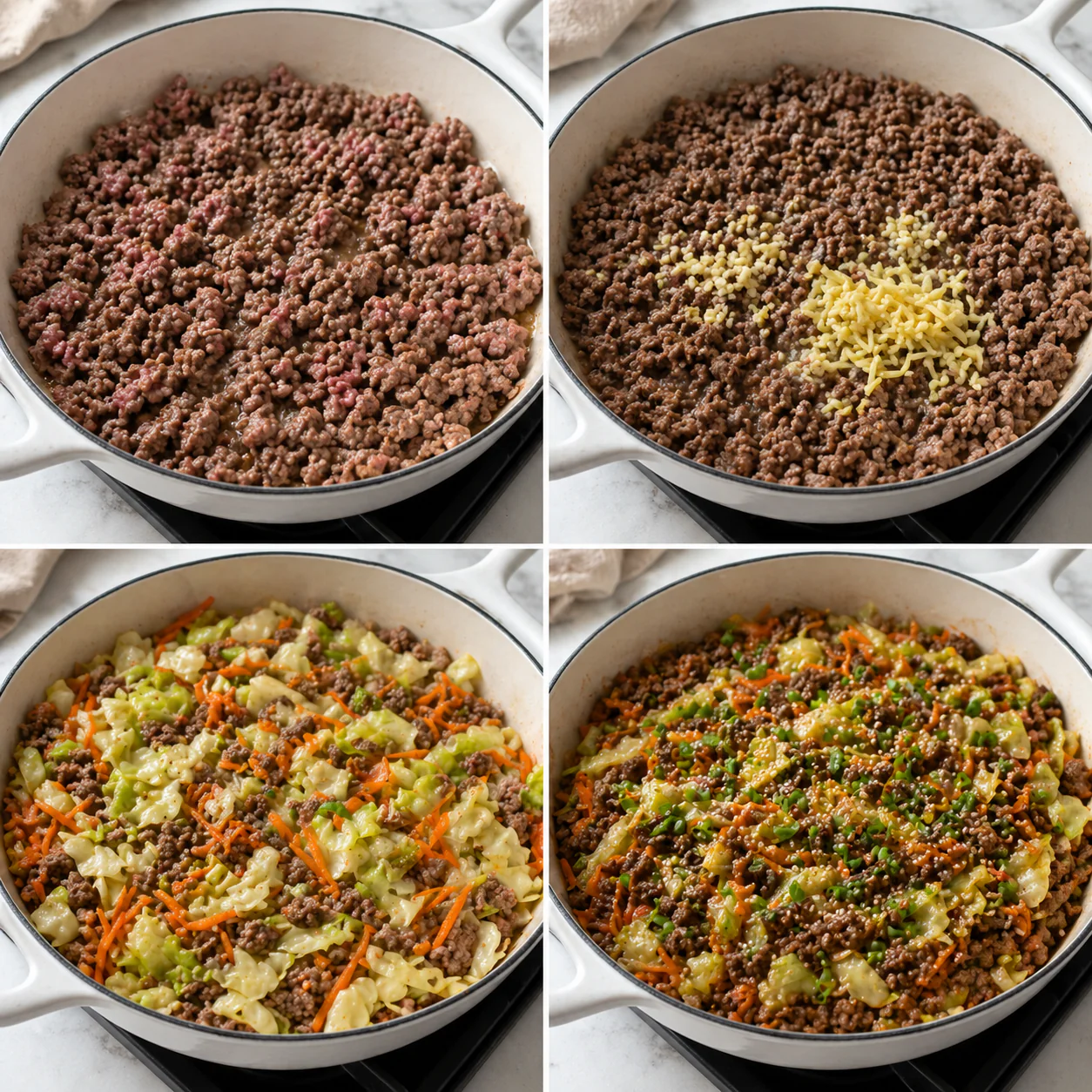 Ground beef and cabbage cooking in a skillet for egg roll in a bowl