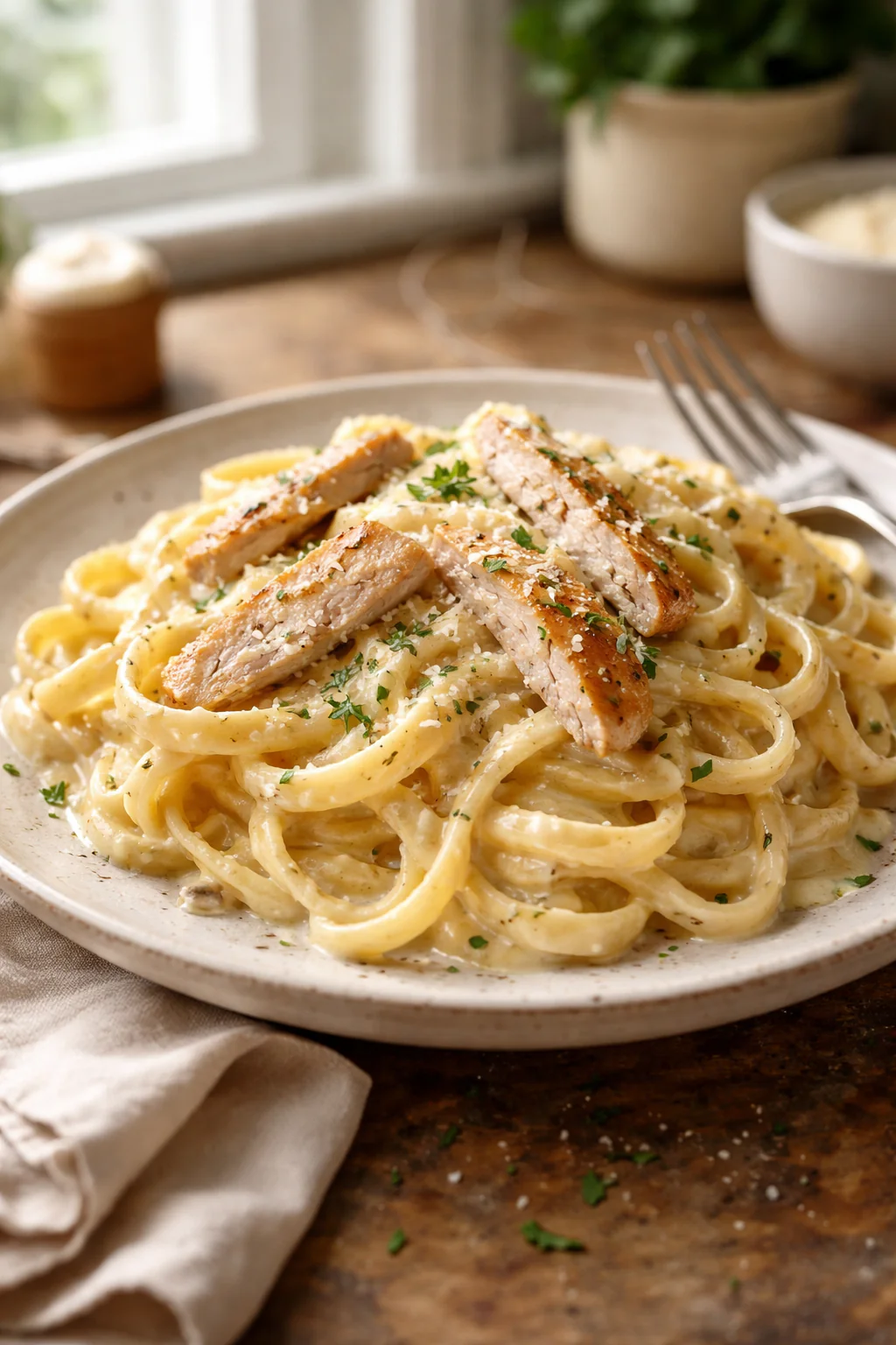 Fettuccine Alfredo with chicken in a skillet