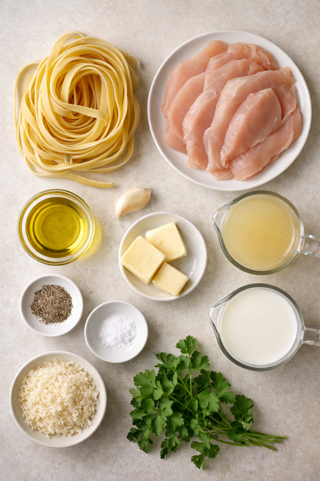 Ingredients for fettuccine alfredo with chicken