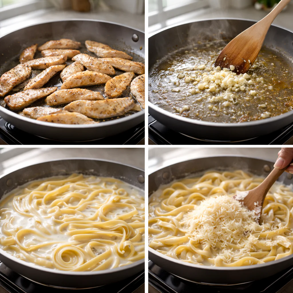 Cooking fettuccine alfredo with chicken