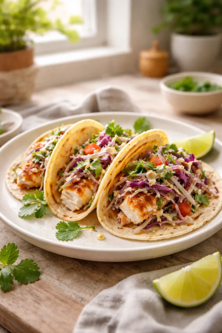 Fish tacos with cabbage slaw on a plate