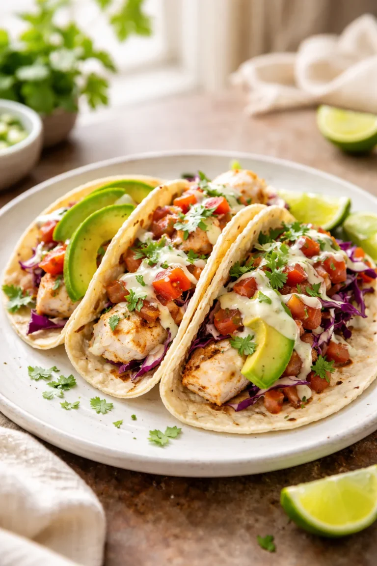 fish tacos with white fish avocado and creamy cilantro sauce