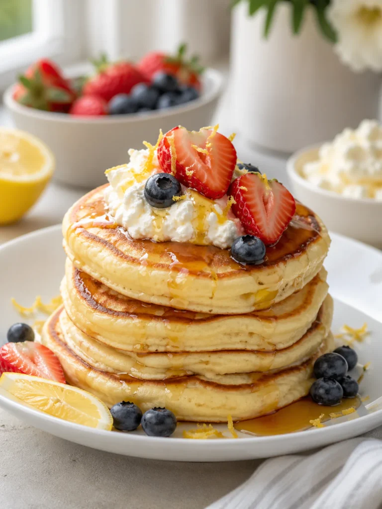 Fluffy lemon ricotta pancakes with berries and maple syrup