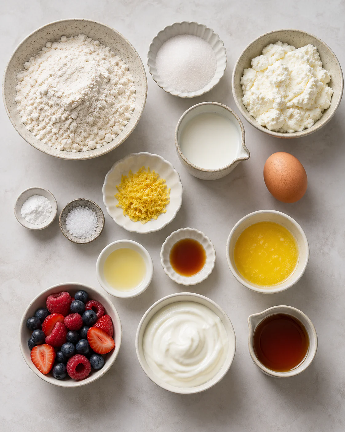 Ingredients for fluffy lemon ricotta pancakes
