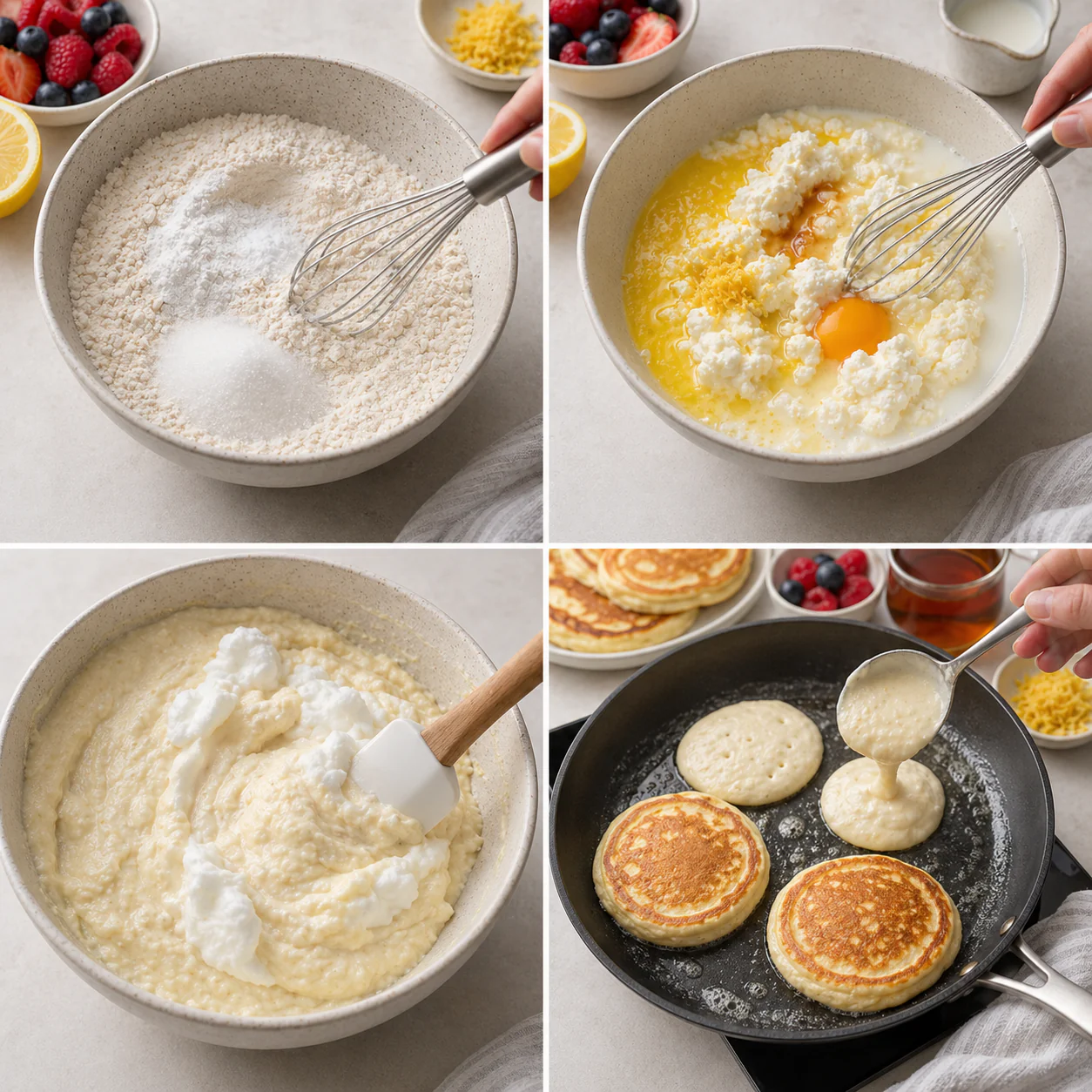 Step-by-step process for making lemon ricotta pancakes