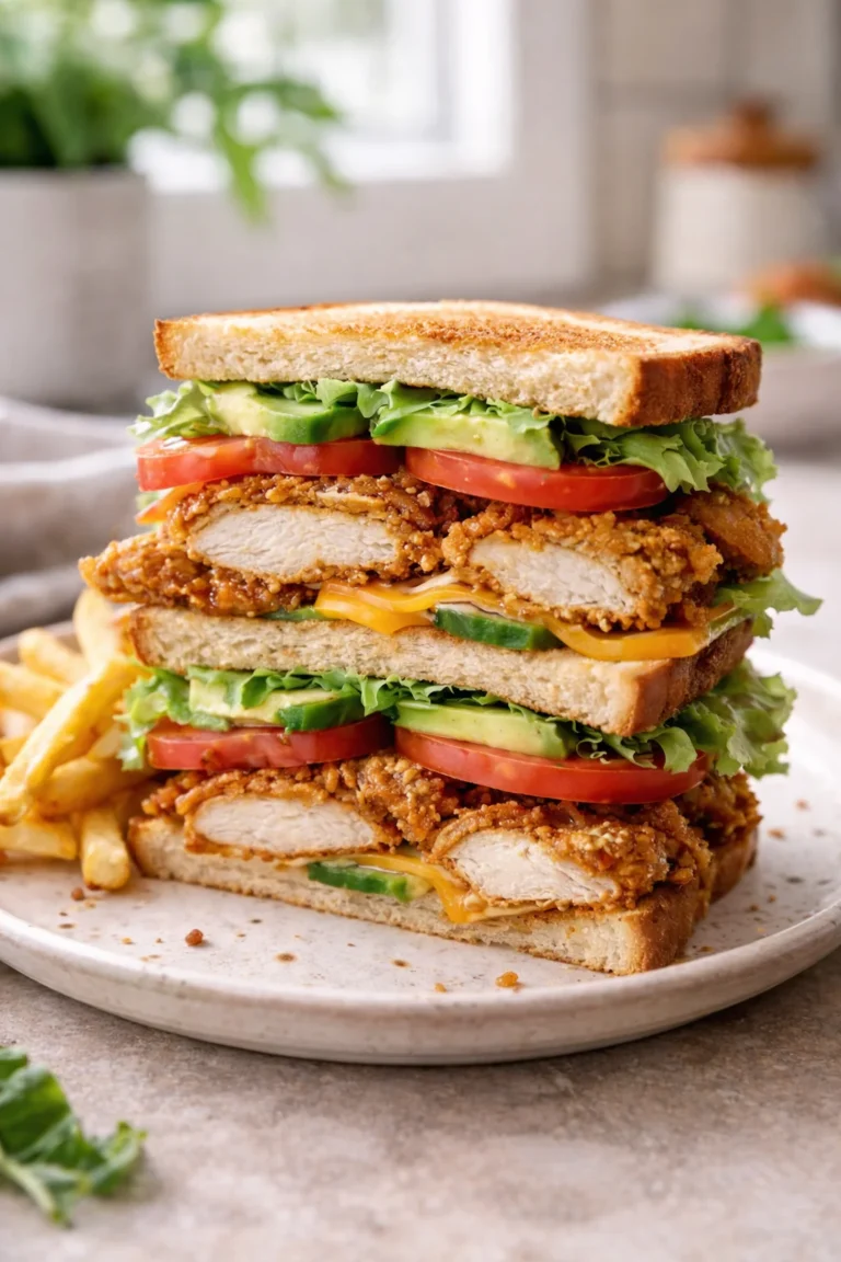 fried chicken club sandwich layered crispy chicken lettuce tomato