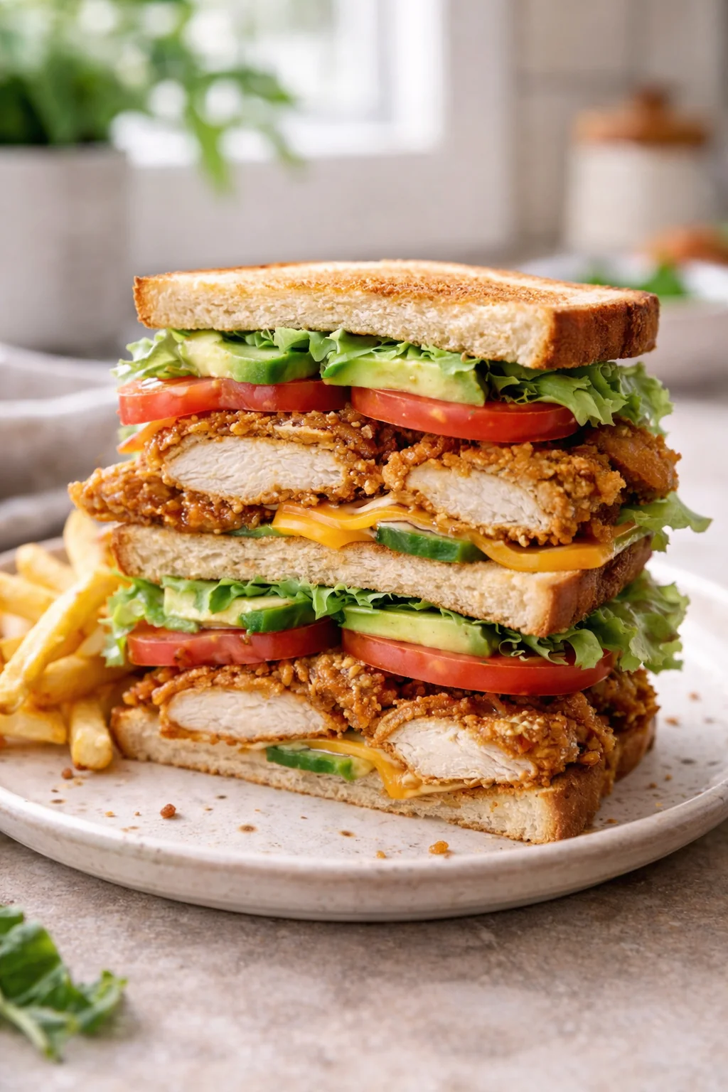 Fried chicken club sandwich on toasted bread
