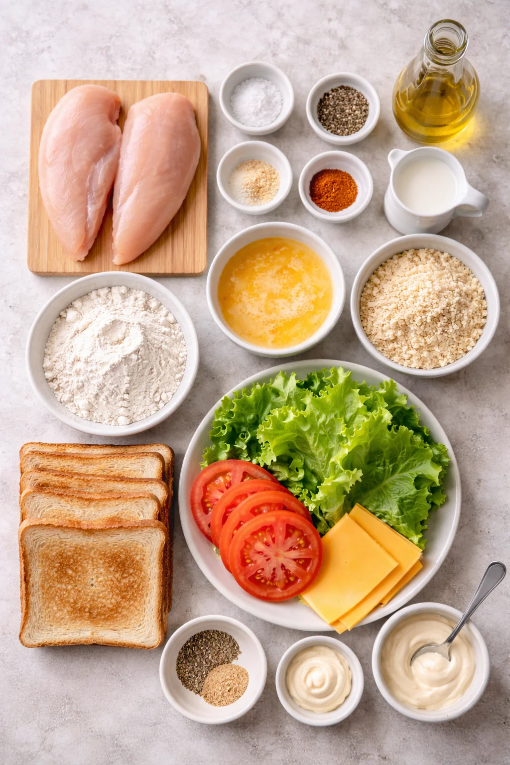 Ingredients for fried chicken club sandwich