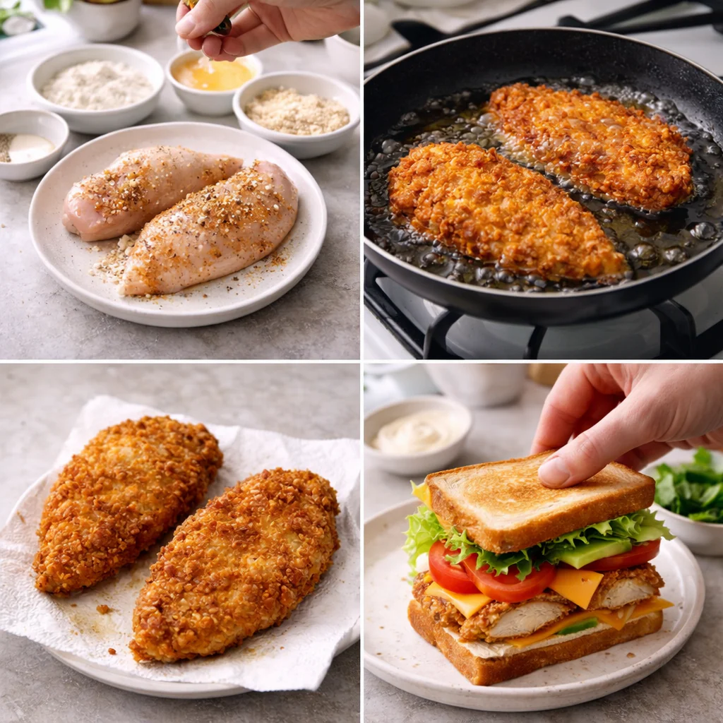 Frying chicken and assembling sandwich