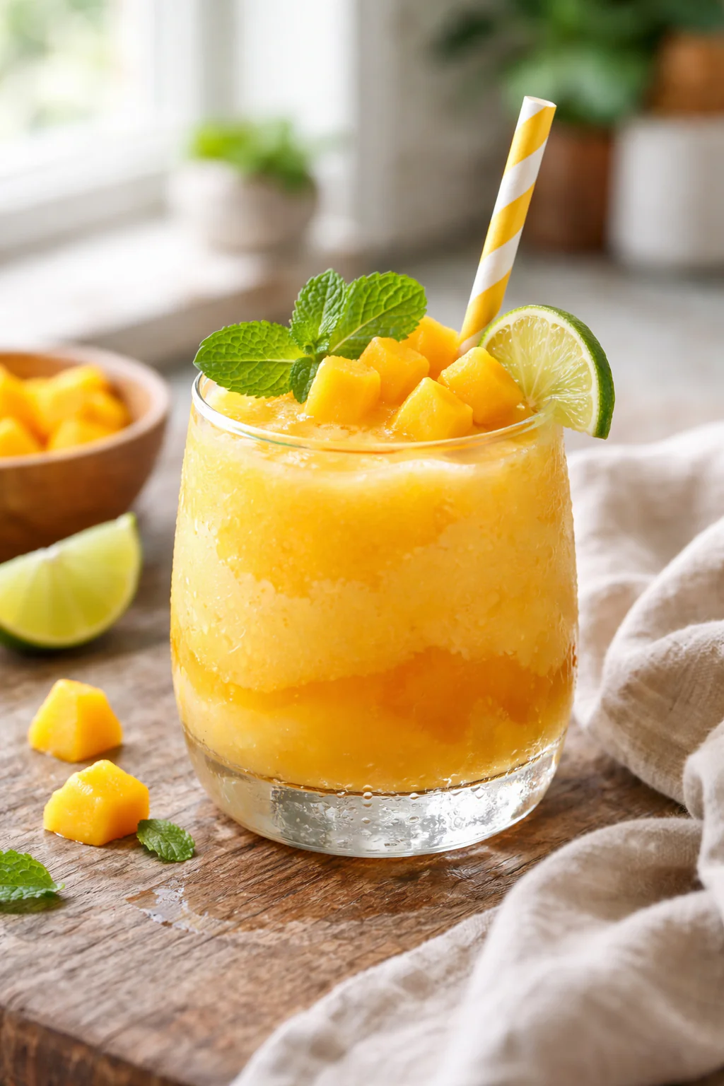Cold frozen mango mocktail in a glass with a lime wedge