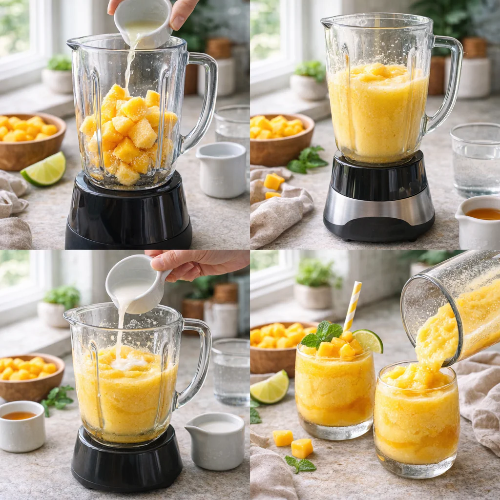 Blender with frozen mango and liquid ready to blend