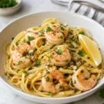 Garlic butter shrimp pasta with linguine, lemon, and parsley