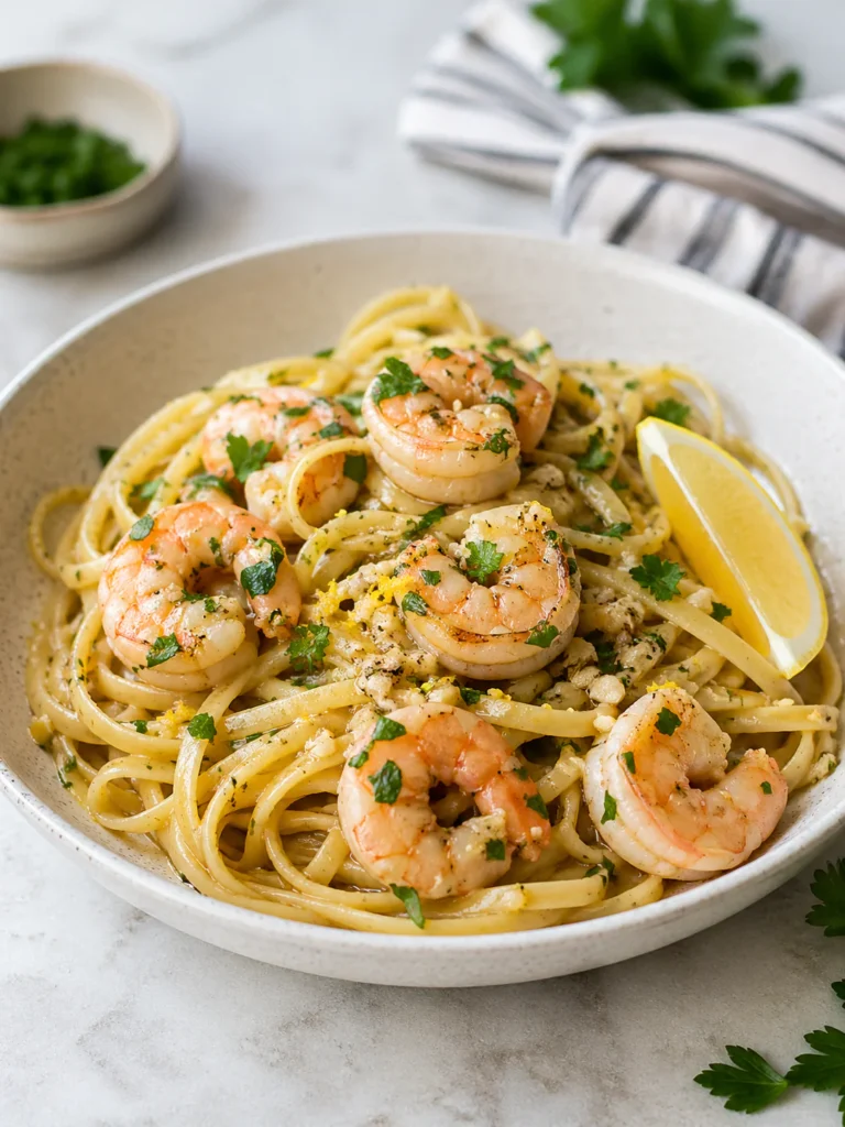Garlic butter shrimp pasta with linguine, lemon, and parsley