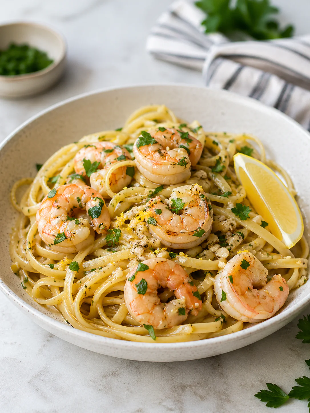 Garlic butter shrimp pasta served as a simple seafood dinner