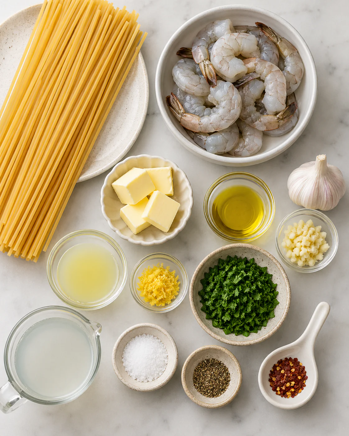 Ingredients for garlic butter shrimp pasta