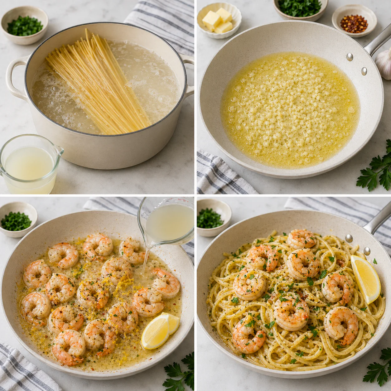 Step by step view of cooking garlic butter shrimp pasta