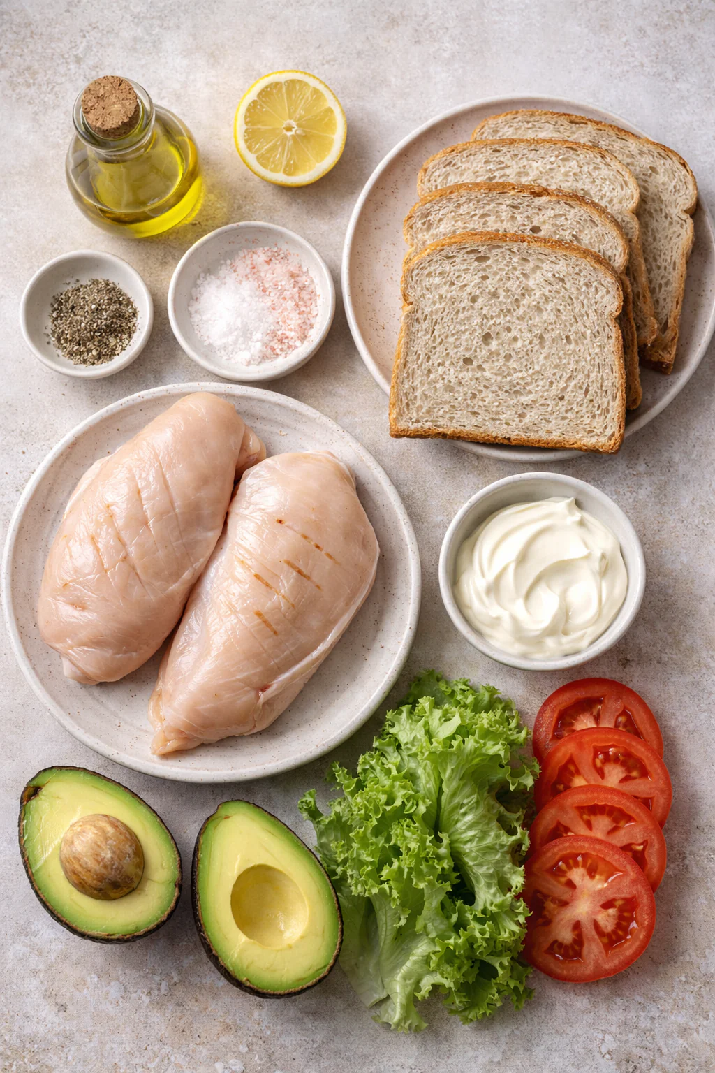 Ingredients laid out for grilled chicken and avocado club